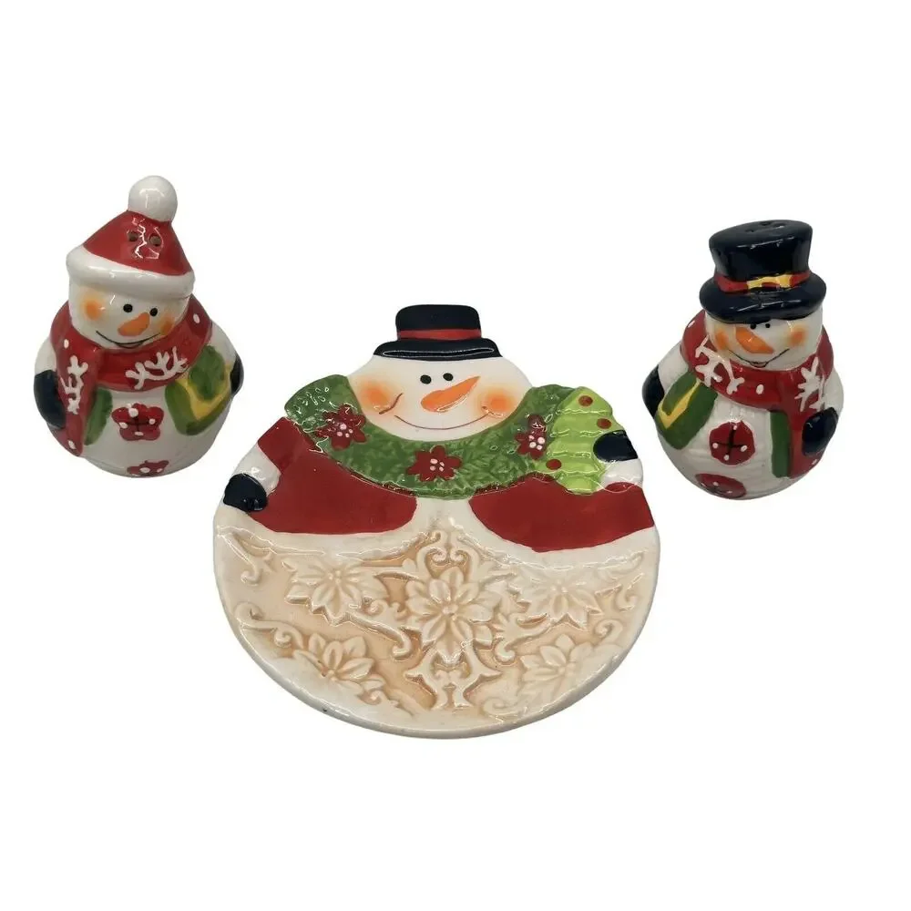 Snowman Salt and Pepper Shaker Set of 3 w/Tray Ceramic Christmas Holiday Decor
